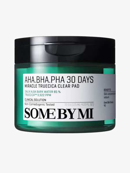 Some by Mi AHA BHA PHDA 30 Days Miracle Truecica Clear Pad in branded tub component on a light gray background