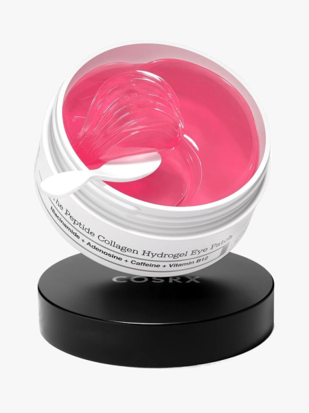 CosRx Pink Peptides Collagen Hydrogel Eye Patch in branded tub component on a light gray background