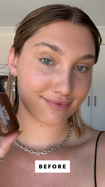Allure associate social media editor Katie Gunderman before applying the Rhode Pocket Bronze